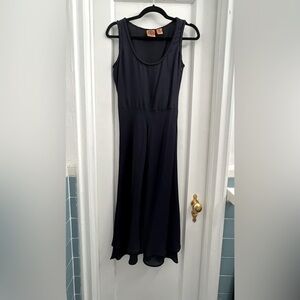 Tory Burch Navy Silk Midi Dress with Scoop Neck and Braided Trim, size 2